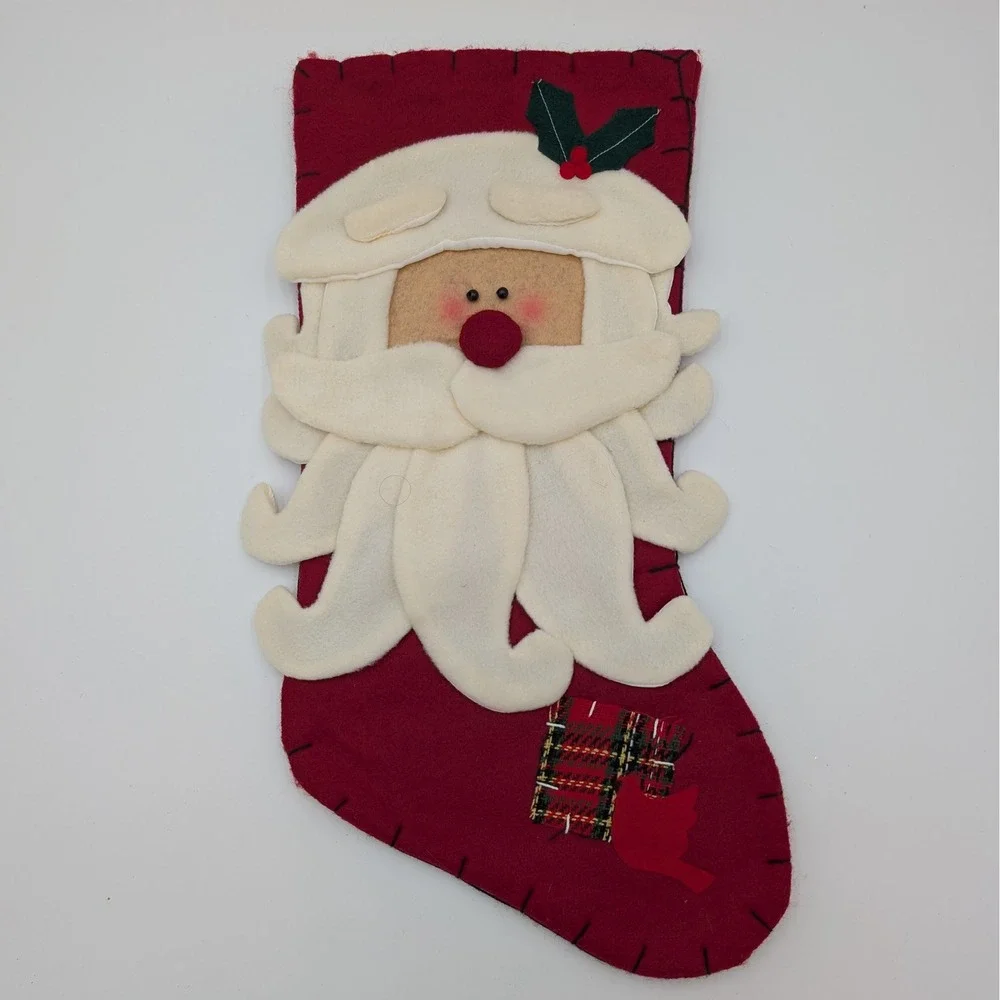 Vintage Santa Christmas Stocking Felt Applique Primitive Folk Art 17.5 Inch